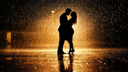 The image shows a romantic silhouette of a couple standing close to each other in the rain