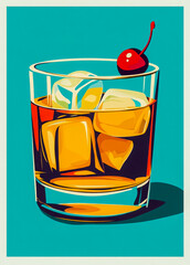 Illustrated whiskey glass filled with ice and a cherry garnish on a teal background, featuring bold retro-inspired colors