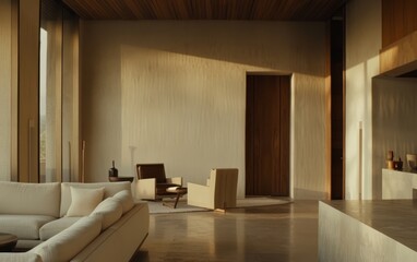 Fototapeta premium Modern living room interior design in minimalist, contemporary style. White flannelette sofa and armchair rests