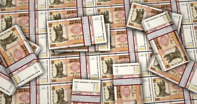 Moldova money Moldavian Lei banknotes 3d animation. 100 MDL packs concept of inflation, economy, crisis, business, banking, debt and finance.