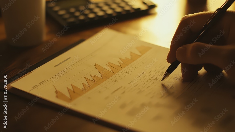 Poster close-up of a hand analyzing financial data on a document with a calculator in the background on a w
