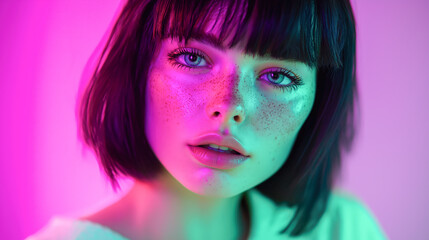 Fototapeta premium A stunning close up of a model showcasing beautiful features and freckled skin, illuminated by captivating neon lights in shades of pink and green.