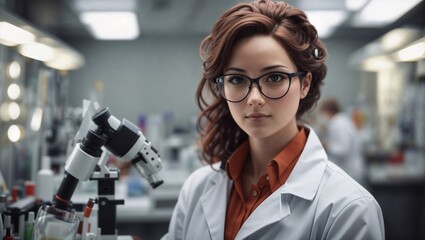 Fototapeta premium Young female scientist in a lab coat examining samples in a modern laboratory