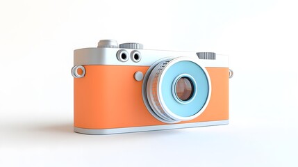 A cute, retro-style camera icon in orange and silver, with a blue lens and a white background