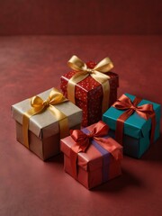 Obraz premium Colorful gift boxes with ribbons on a festive red background.