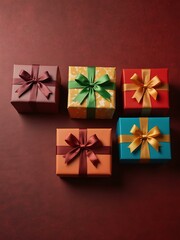 Colorful gift boxes with ribbons on a festive red background.