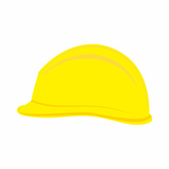 Side view of yellow safety helmet, headgear, and hardhat cap for industrial and or construction work personal protective equipment.