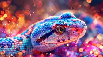 Vibrant blue and pink snake portrait against bokeh background.