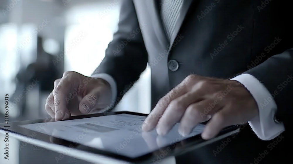 Poster elegant business professional using a tablet device to analyze data in a modern office environment w