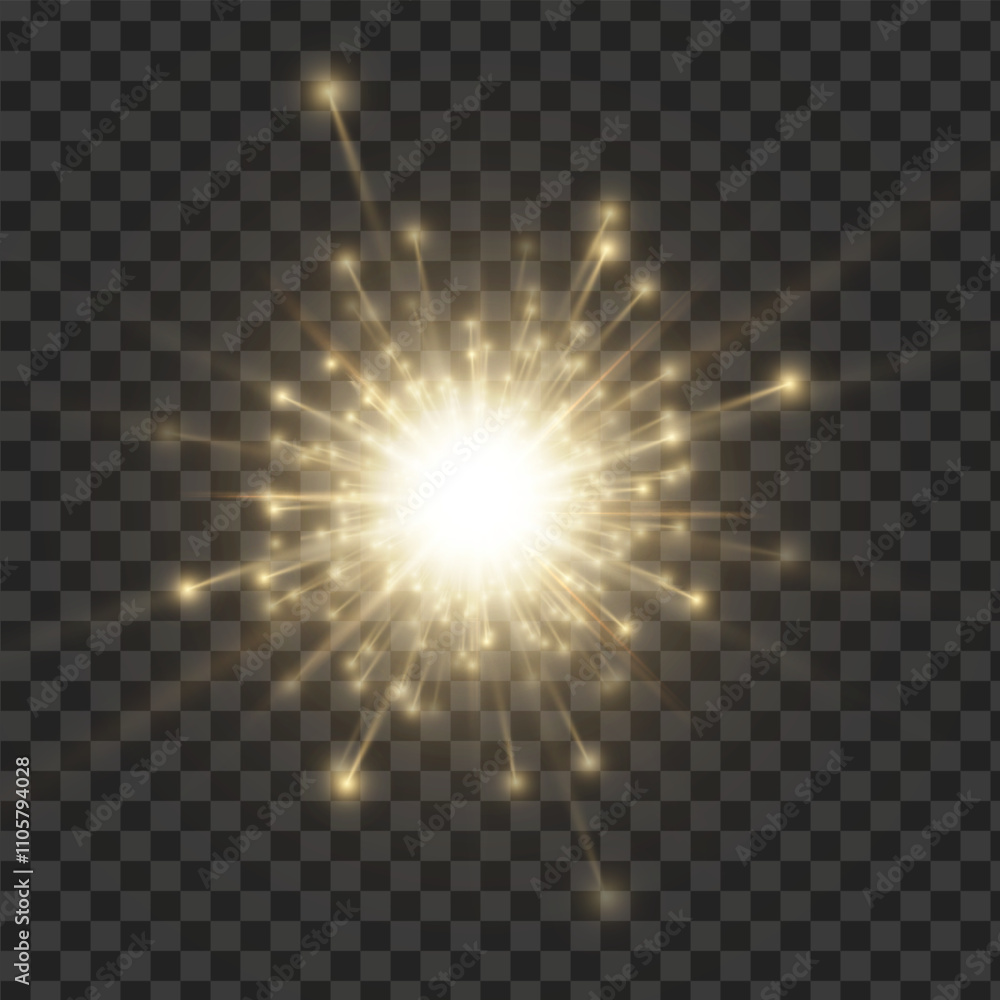 Poster gold glowing light explodes on a transparent background. bright star. transparent shining sun, brigh