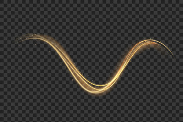 Golden light trails, light in motion, glowing speed lines with sparkles. Bright gold decoration, luminescent swirls isolated on black background. Vector illustration.