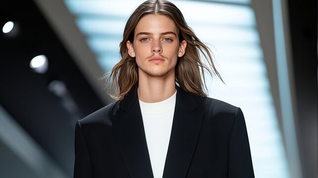 A young Caucasian male model walks down the runway showcasing modern fashion in a tailored black blazer and sleek white shirt.
