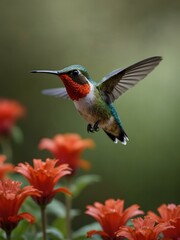 Naklejka premium Colorful hummingbird hovering near red flowers.