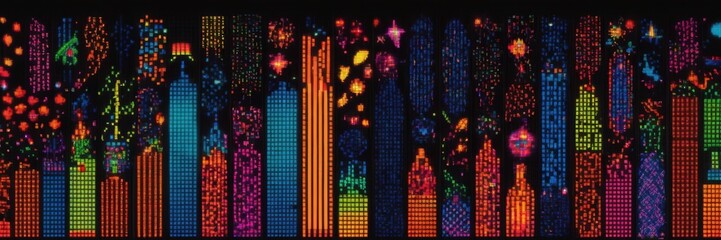 an abstract artwork featuring a series of tall, narrow, vertical shapes resembling stylized buildings or towers. Each shape is filled with intricate patterns and vibrant colors