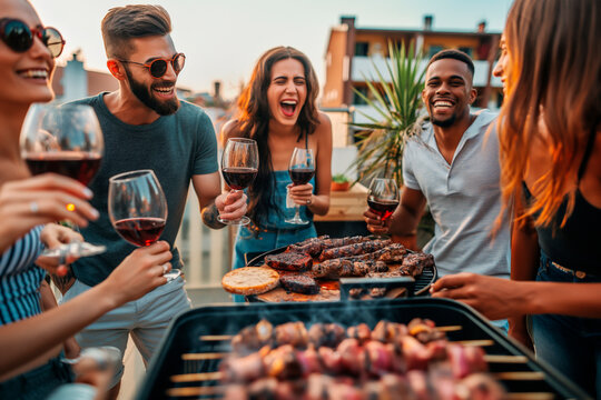 Happy six friends laughing together having bbq dinner rooftop house party, eating grill meat and drinking red wine