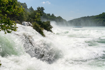 Fototapeta premium The Rhine Falls on a beautiful summers day. Spectacular view with white foaming water, spray and mist.