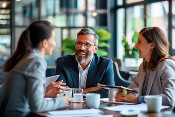 Smiling group of business people discussing strategy during team meeting at the office together