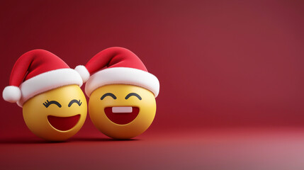 A couple of yellow happy Christmas emojis cartoon characters with a red santa hat on red background with lights and copy space.