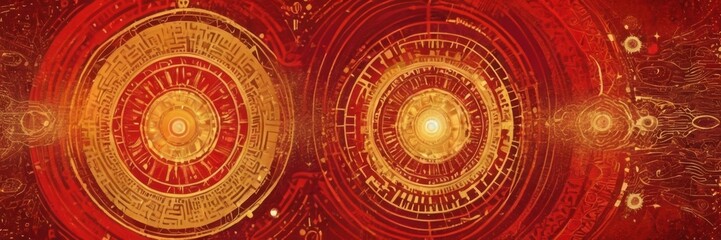 Fototapeta premium an abstract digital artwork with a predominantly red and gold color scheme. It features two large circular patterns that resemble intricate mandalas or mechanical gears