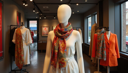 Mannequin in a clothing store displaying fashionable scarves and stylish outfits
