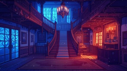 Dimly lit mansion staircase with dual-tone lights, dust particles in air