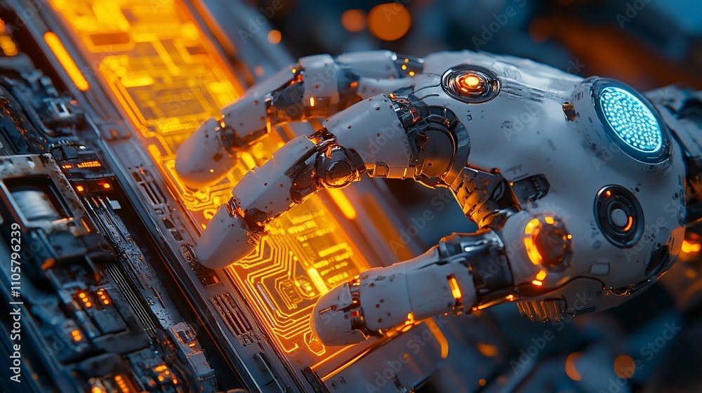 Poster robotic hand interacting with glowing circuit board.