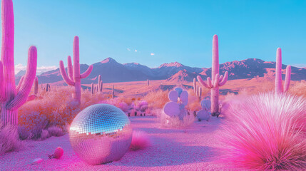 Explore a fantastical desert landscape where vibrant pink cacti meet a shimmering disco ball, creating a surreal and whimsical atmosphere under a clear blue sky.