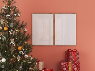 two frames on orange wall in christmas and festive living room with xmas tree and presents. 2 posters mockup, gallery wall art set. 3D render