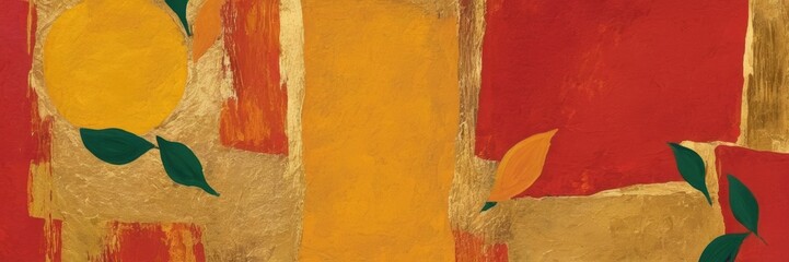 an abstract painting with a mix of warm colors and geometric shapes. It features large blocks of red and orange, with some areas of yellow and beige