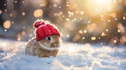 A charming winter scene featuring a little brown bunny in a red bobble hat, sitting in snow