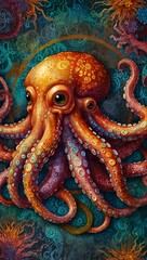 Fototapeta premium Colorful octopus surrounded by swirling patterns.