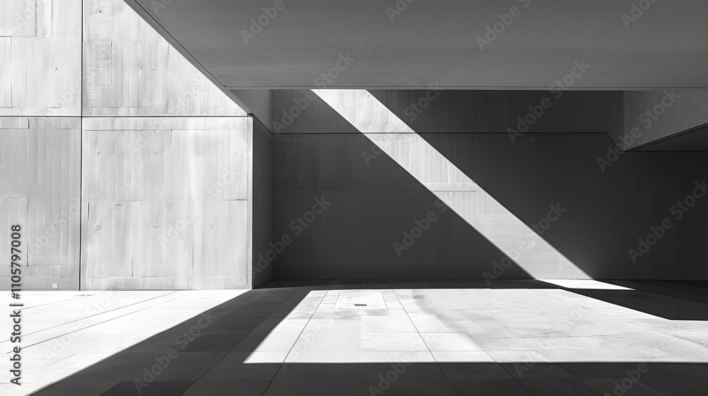 Poster minimalist modern architecture with concrete walls and dramatic light shadows in open courtyard. con