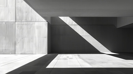 Minimalist Modern Architecture with Concrete Walls and Dramatic Light Shadows in Open Courtyard. Concept of Space, Simplicity, and Architectural Design. Minimalist empty interior. Copy space