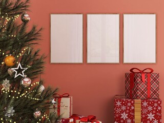Three frames mockup in christmas living room decor, with christmas tree and gifts boxes. 3 posters mock-up, gallery wall art set. 3D render