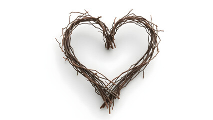 A decorative heart made of intertwined twigs, isolated on white