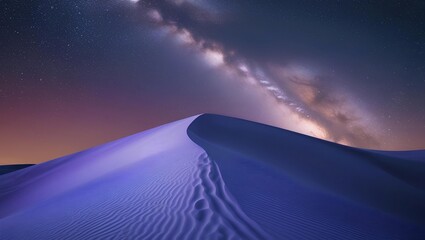 A surreal night scene of a sand dune under a vibrant starry sky with a visible Milky Way galaxy 