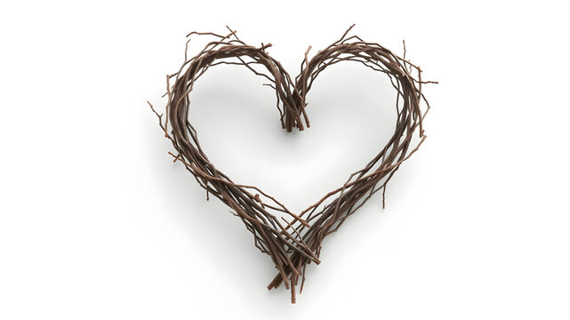 A decorative heart made of intertwined twigs, isolated on white