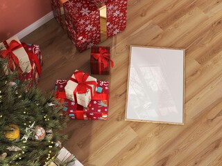 Frame mockup on wood floor with christmas gifts boxes and xmas tree. White poster mock-up with light reflection, festive decor. 3D render