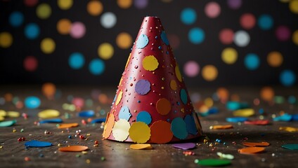 Colorful party hat with confetti for celebrations.