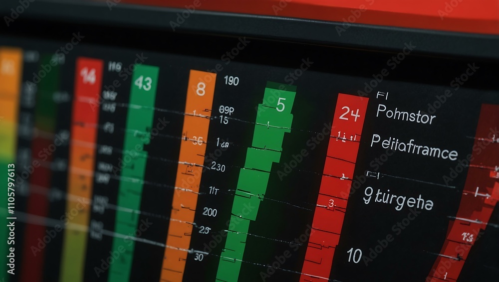 Poster colorful performance indicator showing moderate levels from red to green.