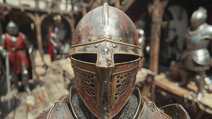 Fototapeta premium Close-up of a medieval knight's helmet and armor.