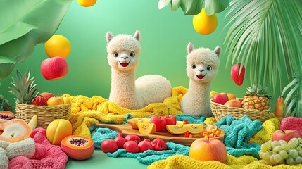 Obraz premium Two cute alpacas surrounded by colorful fruits and vibrant textiles.