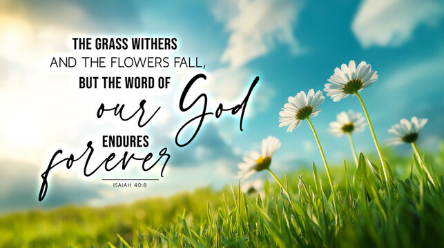Inspirational Nature Scene with Bible Verse about God's Eternal Word and Beautiful Flowers