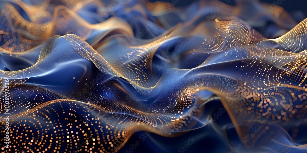 Poster abstract waves and glowing dots art illustration in blue and gold. concept of futuristic patterns, d