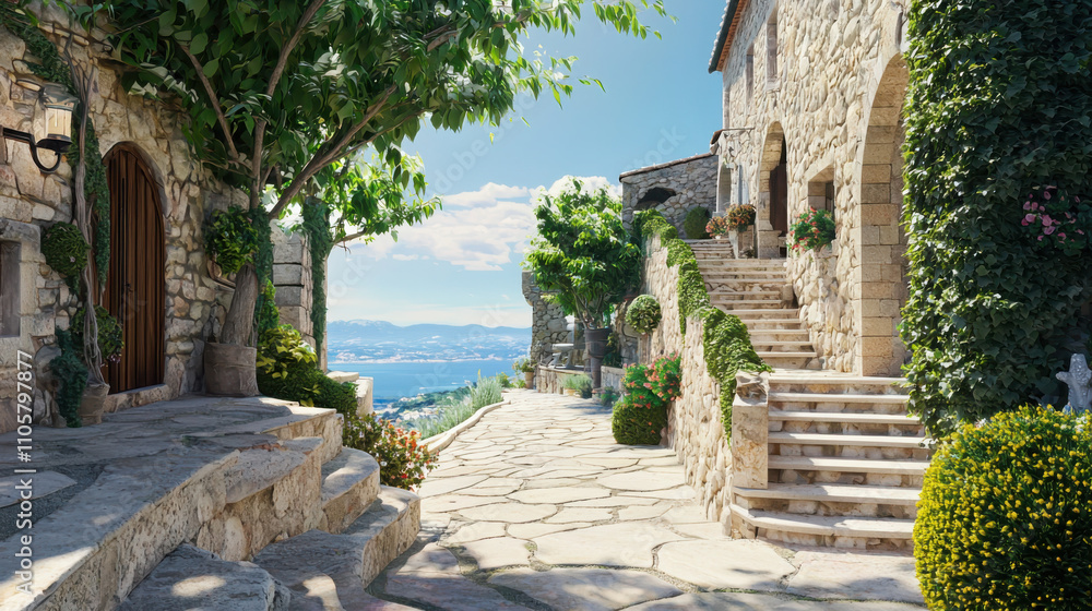 Poster exploring mediterranean coastal village architecture soft light and intricate textures scenic views 
