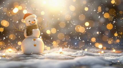 Fototapeta premium Festive Snowman in Winter Wonderland with Sparkling Lights and Snow. Concept of Holiday Spirit, Seasonal Joy, Winter Magic, and Festive Celebrations. Copy space
