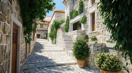 Naklejka premium Capturing mediterranean coastal village architecture soft light intricate textures serene streets cozy atmosphere visual artistry