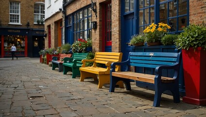 Colorful planters and benches in Neal's Yard, London.
