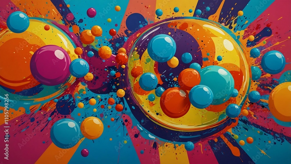 Poster colorful pop art with exploding bubbles, vibrant and fun.