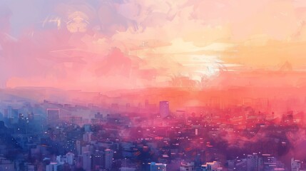 Obraz premium Watercolor Art Depicting a Cityscape at Sunset with Vibrant Hues. Concept of Urban Beauty, Tranquility, Serene Atmosphere, and Artistic Interpretation